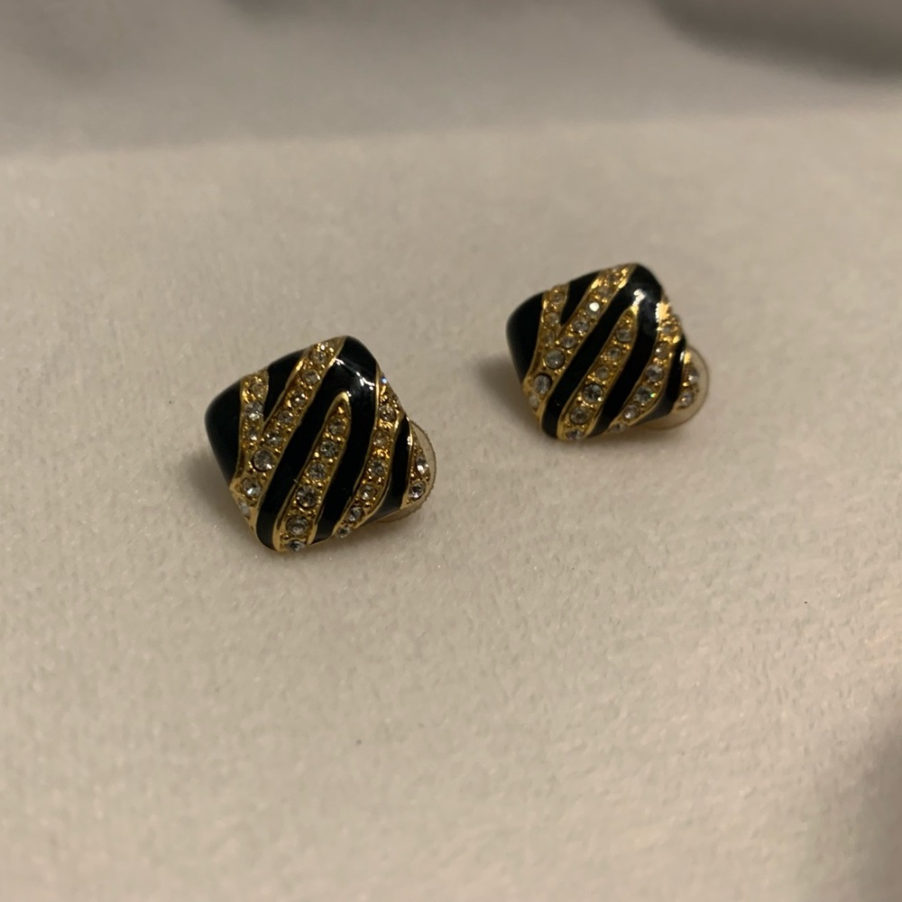 Rhinestone Inlay Black Onyx Costume Earrings
